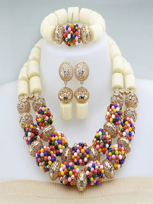 2 Layers Artificial Coral Bead African Wedding Resin Necklace Jewelry Nigerian Glass Jewelry Set Bridal Gift for Women Wedding