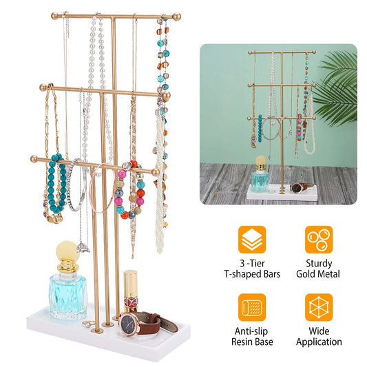 3 Tier Gold Metal Tabletop Jewelry Display Tree Stand Organizer Holder Rack Hanger Tower for Bracelet Necklace Accessories with Ring Tray